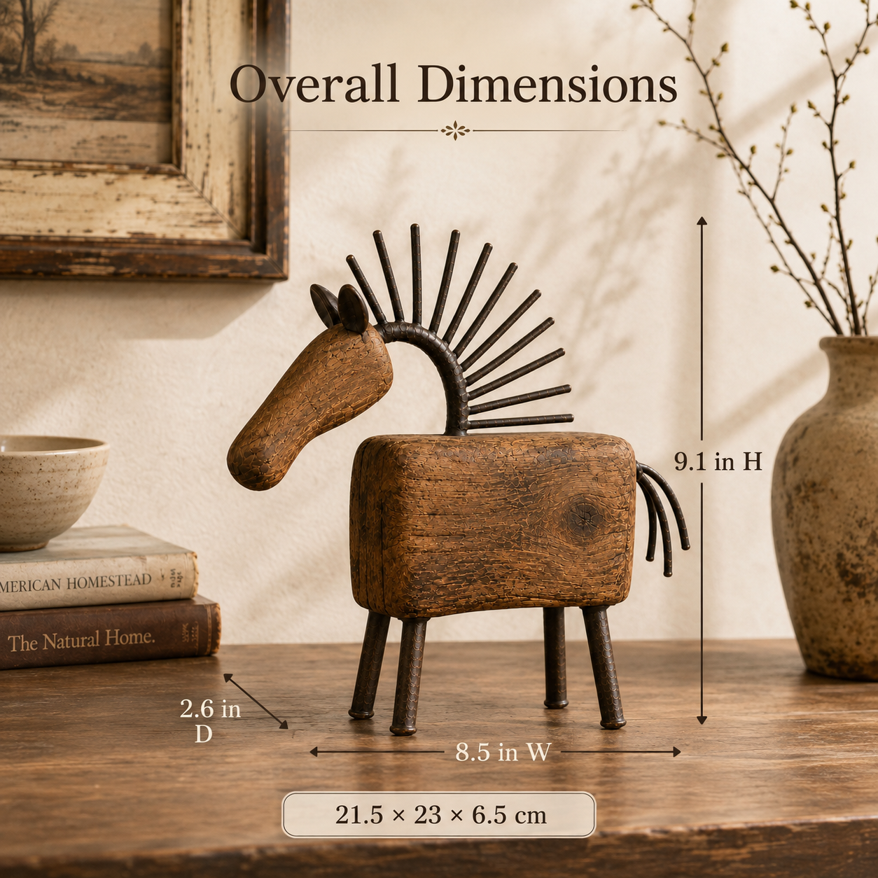 Vintage Wooden Cow Figurine with Metal Bell