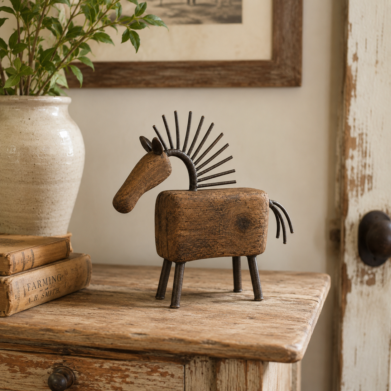 Vintage Wooden Cow Figurine with Metal Bell