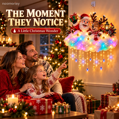🎅 Santa & Reindeer Christmas Cloud Light – Colorful Glow with Hanging Stars & Snowflakes