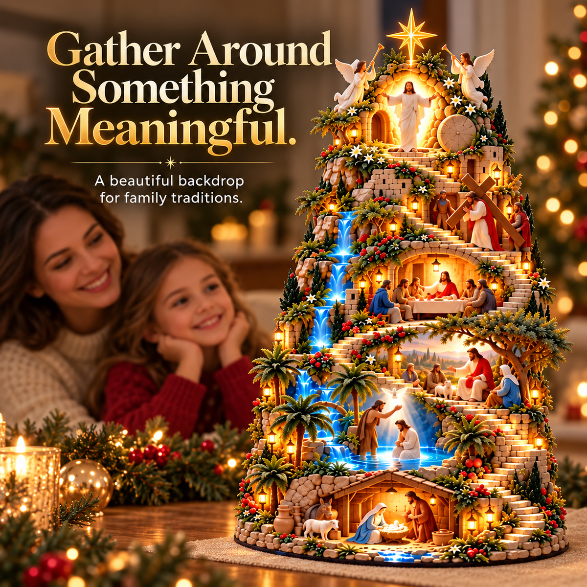 ✨ Illuminated Jesus’ Life Story Nativity Mountain – Christian Christmas Tabletop Decoration