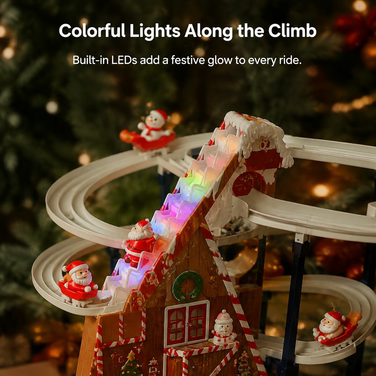 🎄✨ Santa Claus Gingerbread Climbing Toy Set – Colorful LED Lights, Music & Looping Christmas Track 🎅🎁