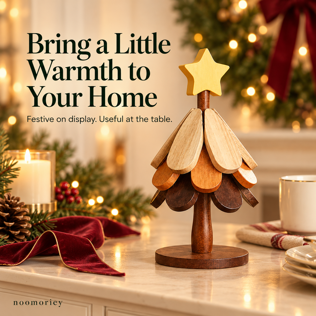 🎄 Christmas Tree Wooden Trivet Set – Foldable Hot Dish Mats with Decorative Star-Top Stand