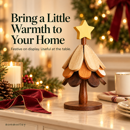 🎄 Christmas Tree Wooden Trivet Set – Foldable Hot Dish Mats with Decorative Star-Top Stand