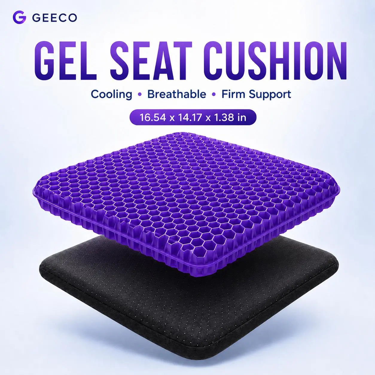 Purple Gel Seat Cushion, Firm Honeycomb Cooling Seat Pad with Non-Slip Cover, 16.54 x 14.17 x 1.38 in, Washable Cushion for Office Chair, Car Seat, Home & Summer Sitting Comfort
