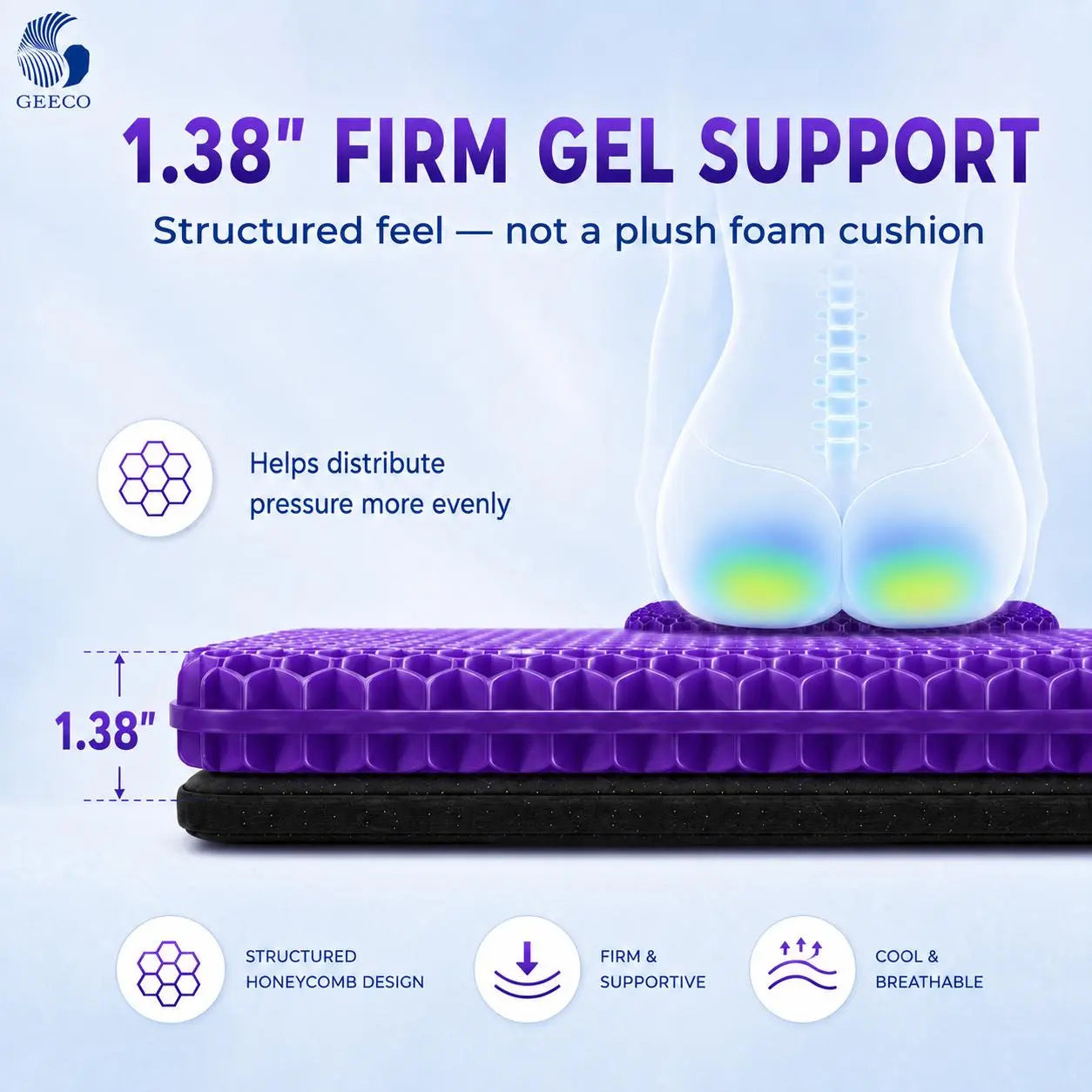 Purple Gel Seat Cushion, Firm Honeycomb Cooling Seat Pad with Non-Slip Cover, 16.54 x 14.17 x 1.38 in, Washable Cushion for Office Chair, Car Seat, Home & Summer Sitting Comfort