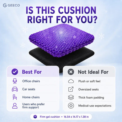 Purple Gel Seat Cushion, Firm Honeycomb Cooling Seat Pad with Non-Slip Cover, 16.54 x 14.17 x 1.38 in, Washable Cushion for Office Chair, Car Seat, Home & Summer Sitting Comfort