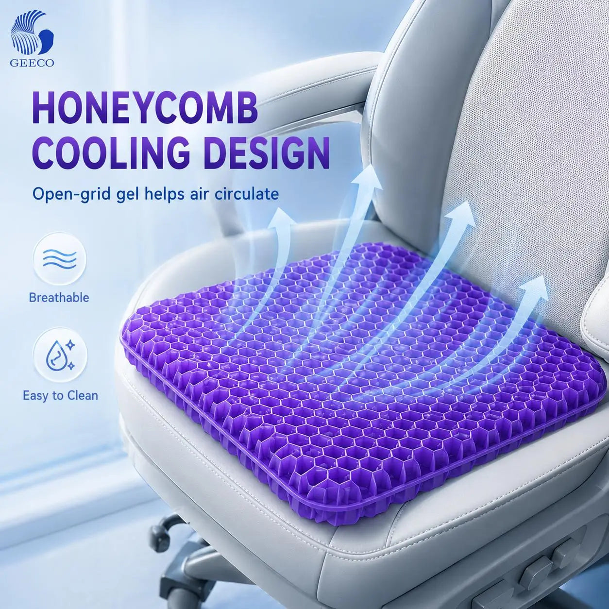 Purple Gel Seat Cushion, Firm Honeycomb Cooling Seat Pad with Non-Slip Cover, 16.54 x 14.17 x 1.38 in, Washable Cushion for Office Chair, Car Seat, Home & Summer Sitting Comfort