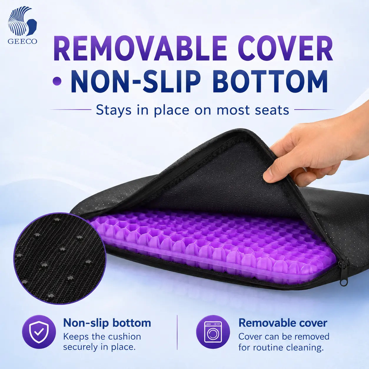 Purple Gel Seat Cushion, Firm Honeycomb Cooling Seat Pad with Non-Slip Cover, 16.54 x 14.17 x 1.38 in, Washable Cushion for Office Chair, Car Seat, Home & Summer Sitting Comfort