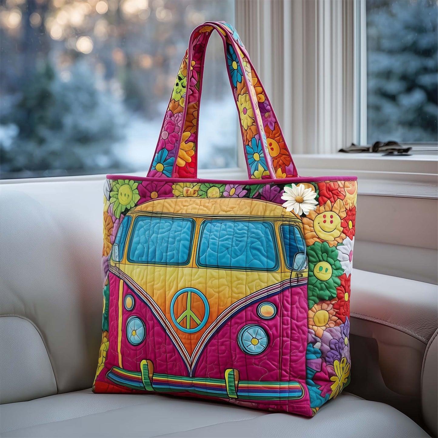 Retro Hippie Van Quilted Tote – Boho Style Meets Everyday Function 🌈🌸