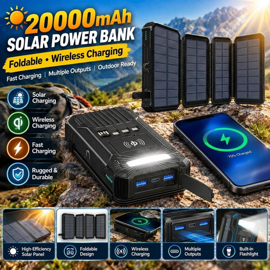 🔋 Half-Price Deal! ☀️ 20,000mAh Solar Power Bank - Features Wireless Charging And LED Flashlight.