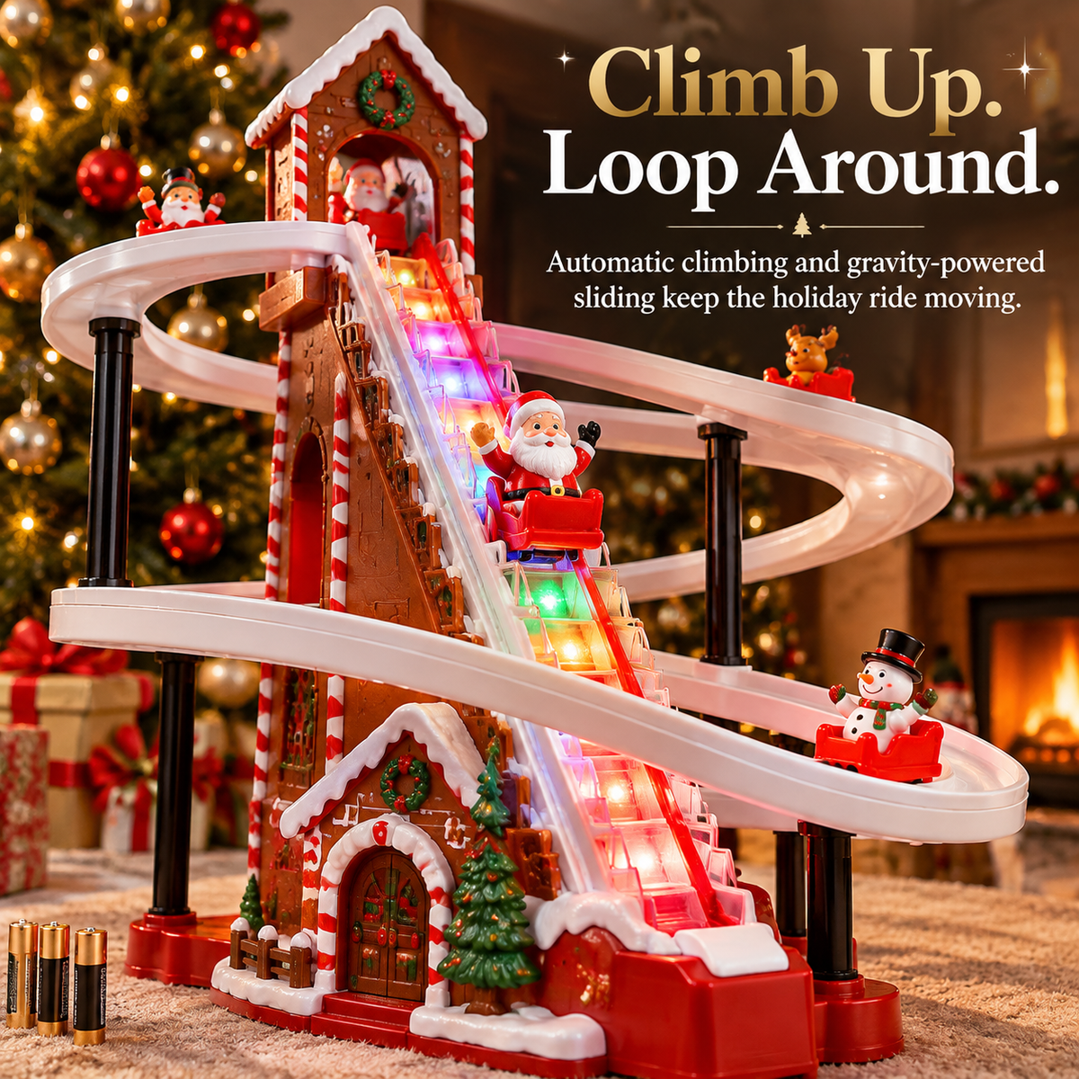 🎄✨ Santa Claus Gingerbread Climbing Toy Set – Colorful LED Lights, Music & Looping Christmas Track 🎅🎁