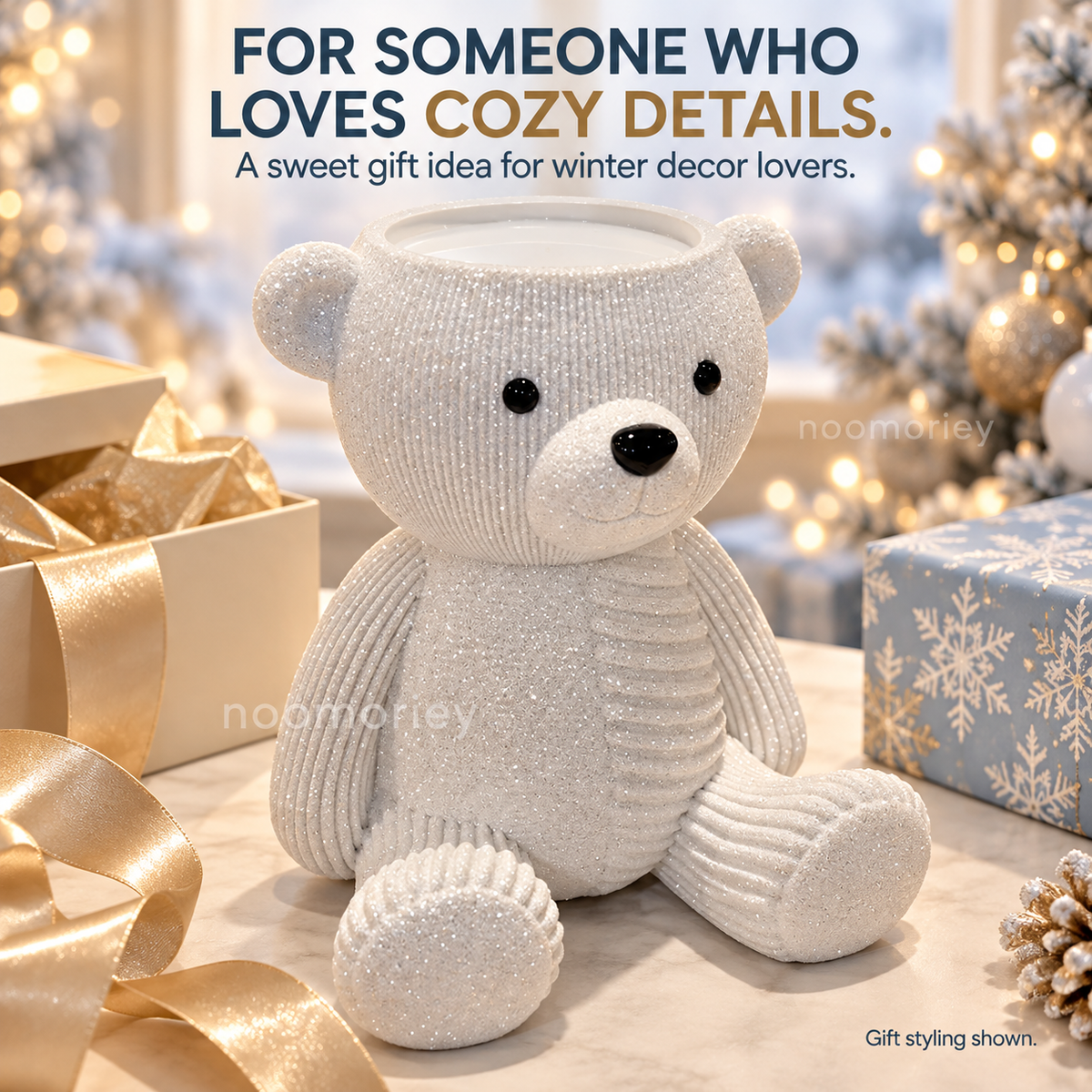 Glittery Teddy Bear Candle Holder, Cute Winter Christmas Decor