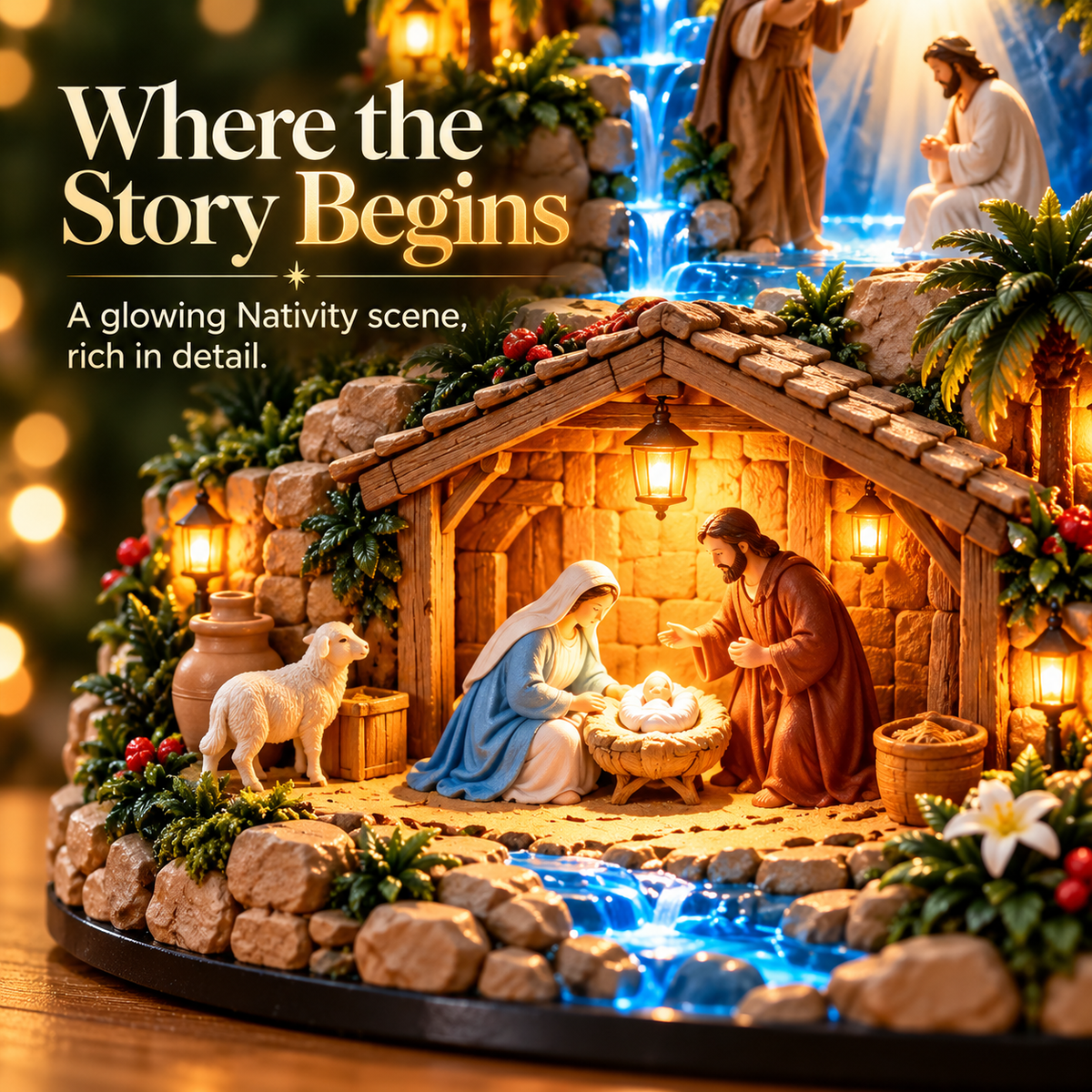 ✨ Illuminated Jesus’ Life Story Nativity Mountain – Christian Christmas Tabletop Decoration