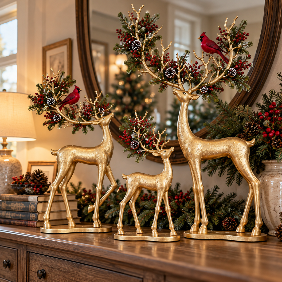 🦌❤️ Forest Cardinal Gold Reindeer — Illuminated Christmas Reindeer Decoration