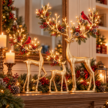 🦌❤️ Forest Cardinal Gold Reindeer — Illuminated Christmas Reindeer Decoration