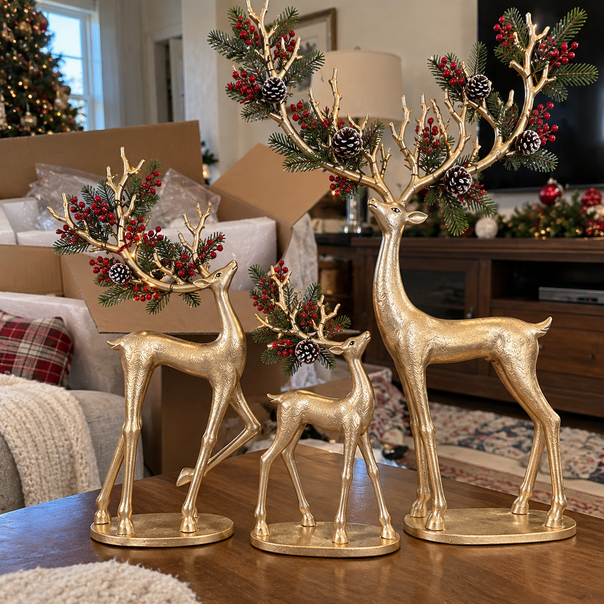 🦌❤️ Forest Cardinal Gold Reindeer — Illuminated Christmas Reindeer Decoration