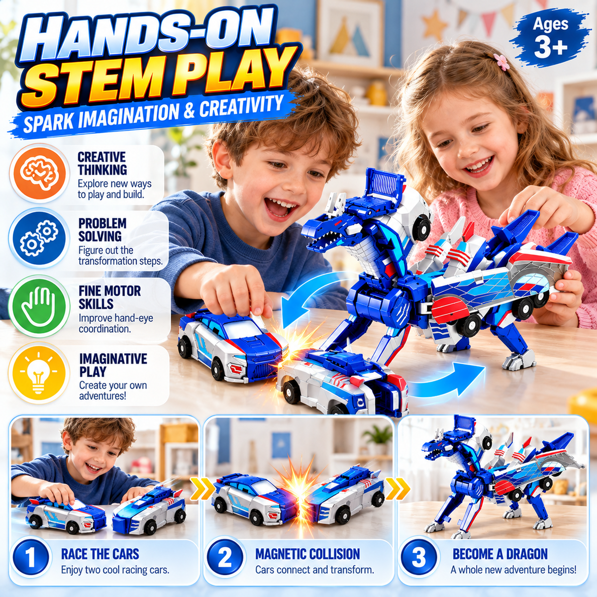 🚗2-in-1 Magnetic Transforming Dragon Car Toy – Racing Car Set！！！