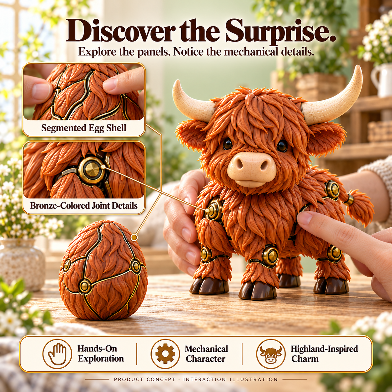 Highland Cow egg concept viewed in hands showing panel details