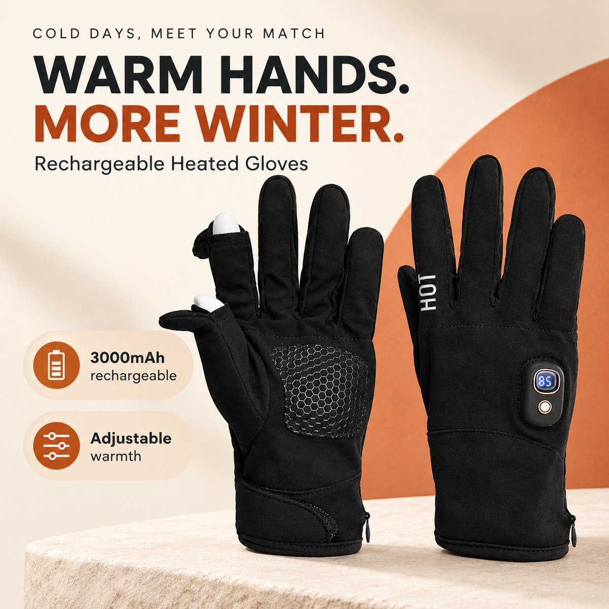 Rechargeable heated gloves with adjustable warmth and a 3000mAh battery