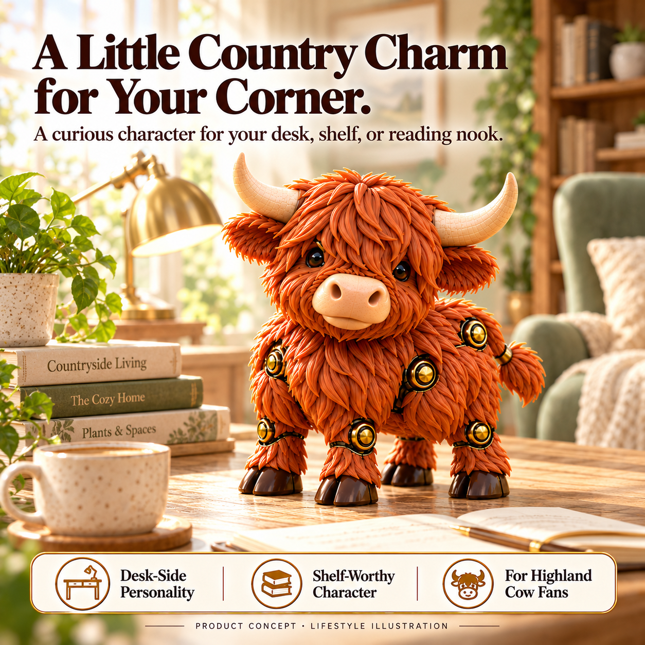 Highland Cow mechanical egg figure concept displayed at a desk