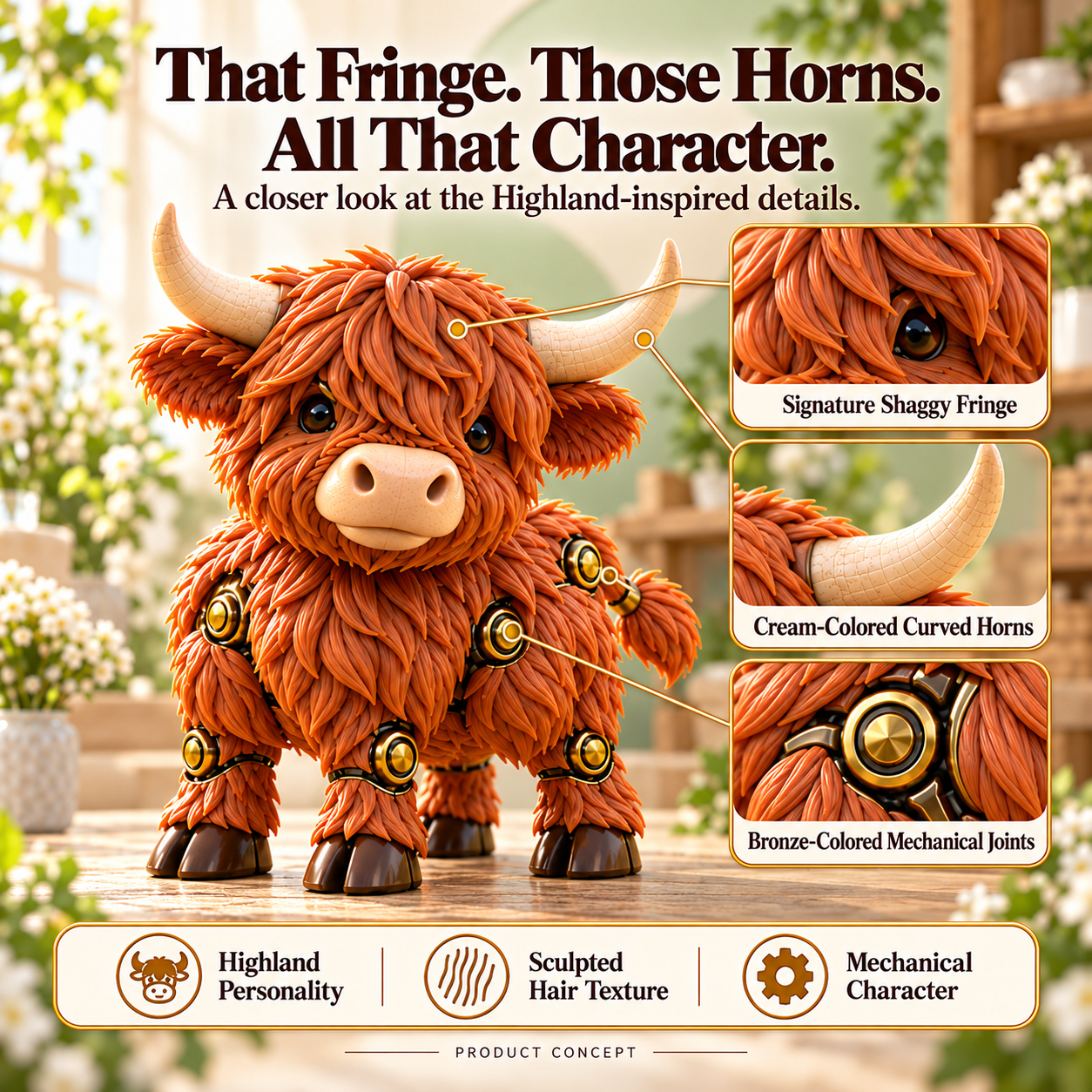 Close view of the Highland cow concept fringe horns and mechanical details