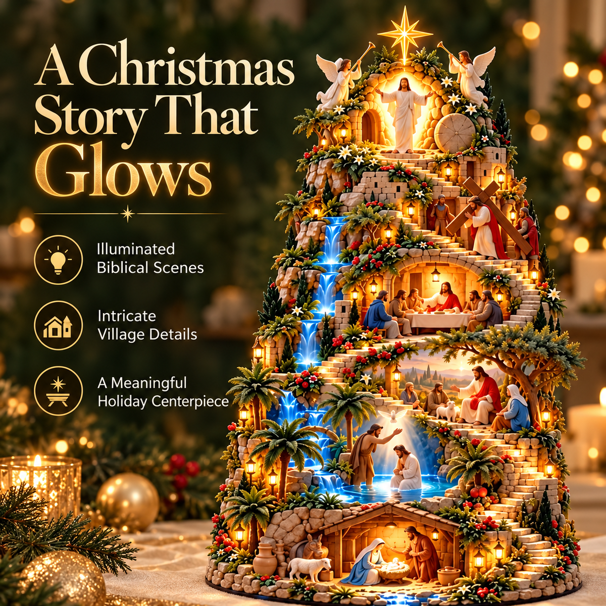✨ Illuminated Jesus’ Life Story Nativity Mountain – Christian Christmas Tabletop Decoration