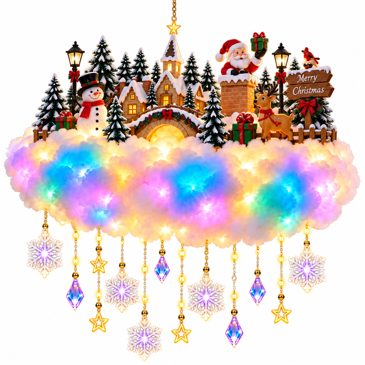 🎅 Santa & Reindeer Christmas Cloud Light – Colorful Glow with Hanging Stars & Snowflakes