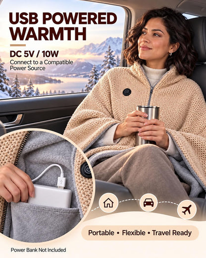 🔥 2027 Heated Shawl Wrap for Women – USB Cordless Wearable Blanket with 3 Heat Settings, Fast Heating, Zipper & Pockets, Soft Flannel Heating Cape for Office, Travel & Gifts 🎁