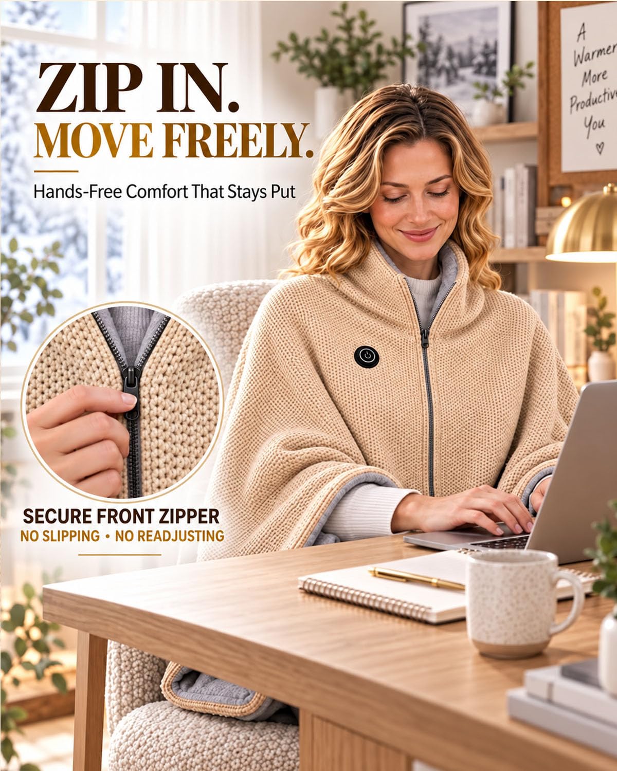🔥 2027 Heated Shawl Wrap for Women – USB Cordless Wearable Blanket with 3 Heat Settings, Fast Heating, Zipper & Pockets, Soft Flannel Heating Cape for Office, Travel & Gifts 🎁