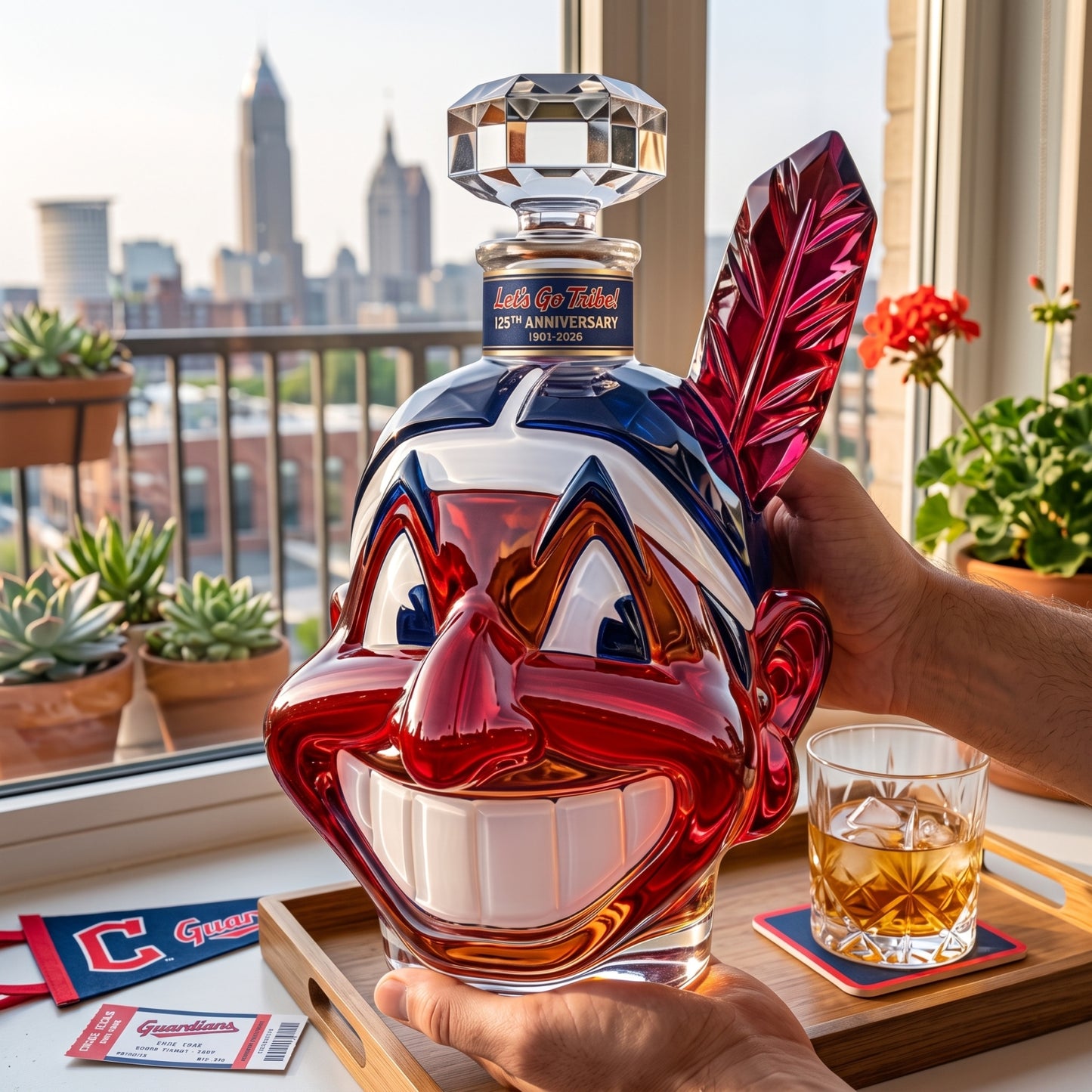 🥃⚾ Let's Go Tribe! 125th Anniversary Chief Wahoo Whiskey Decanter 🏆✨ — A Timeless Whiskey Collection 🥃🔥