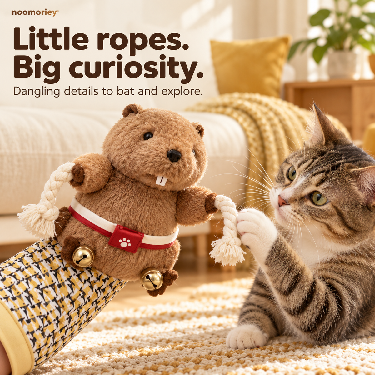 Interactive Beaver Cat Glove Toy – Plush Hand Puppet with Dangling Ropes & Jingle Bells 🐾