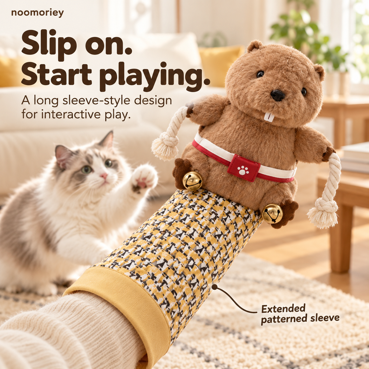 Interactive Beaver Cat Glove Toy – Plush Hand Puppet with Dangling Ropes & Jingle Bells 🐾
