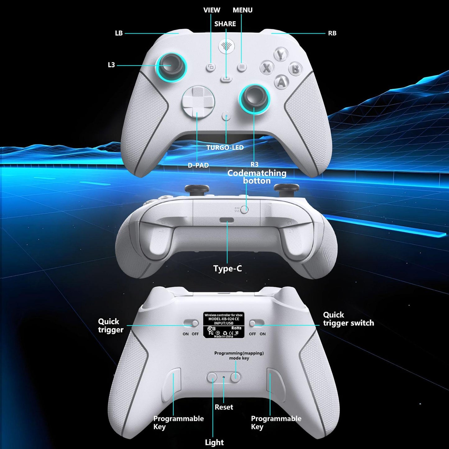 HallEffect Xbox Wireless Controller for Xbox Series X|S & Steam PC with 7 RGB Lights Dual Vibration Turbo Programmable 3.5mm Audio Jack 1000mAh Battery