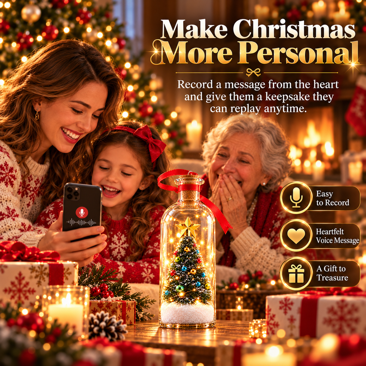 🎄 Christmas Voice Recording Bottle – 30-Second Personalized Keepsake Gift for Family & Grandparents