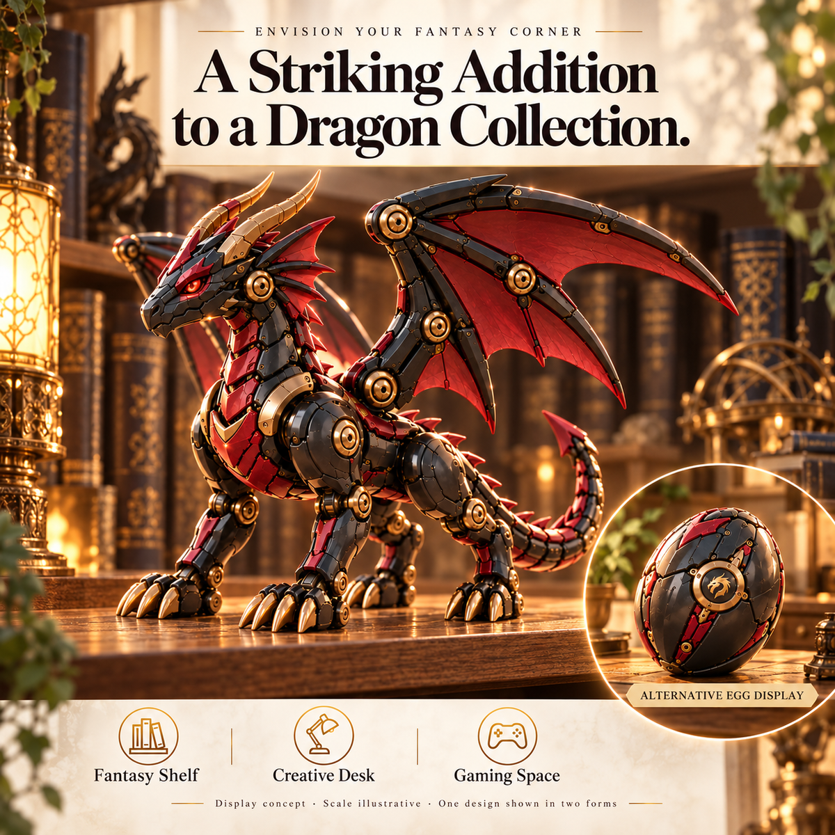 🔥LAST DAY 49% OFF -🐉 Mechanical Dragon Egg – Black & Crimson Dragon with Folding Wings & Armored Details!!!
