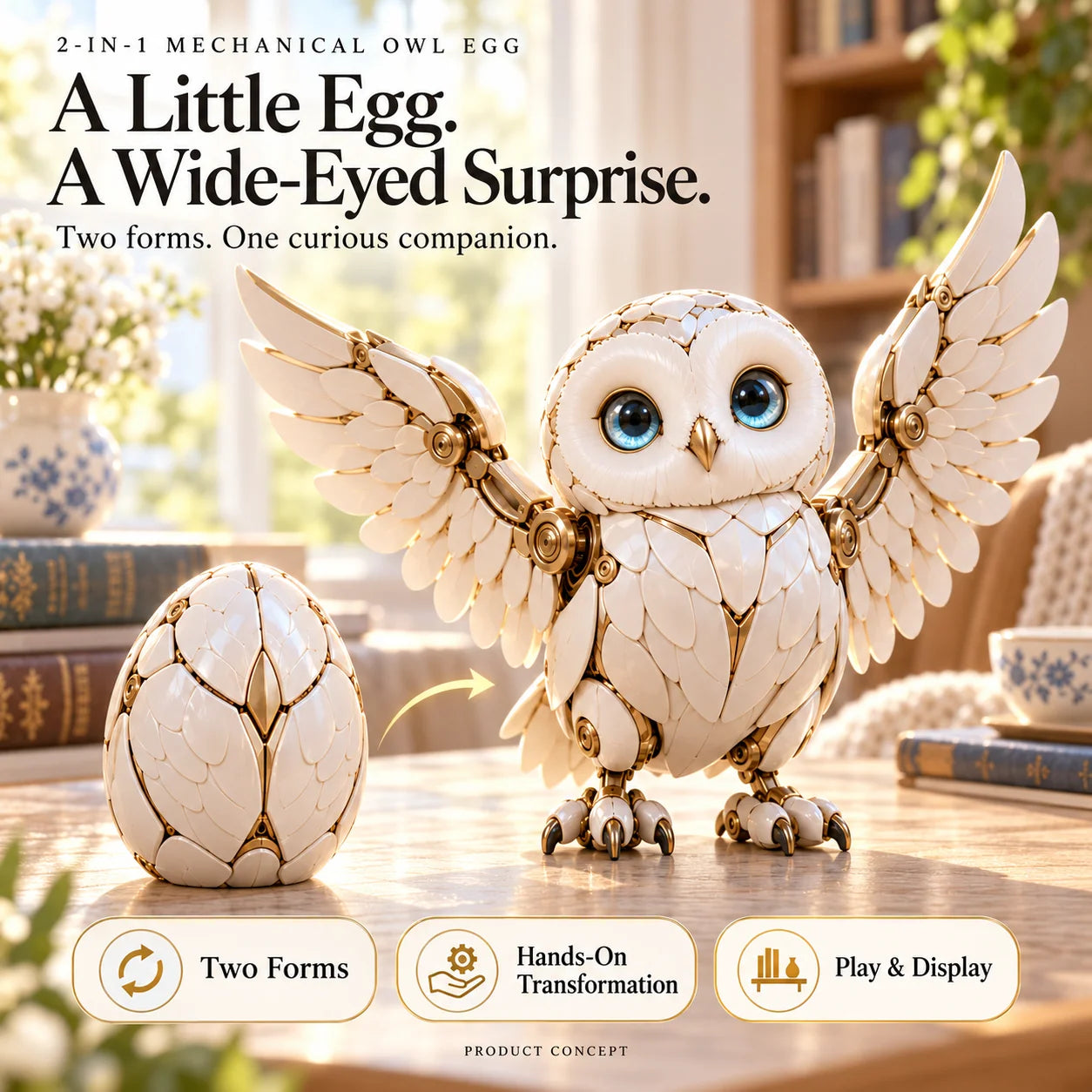 Mechanical owl egg design concept with two forms