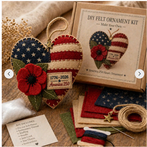 Handmade America 250 Heart Ornament – Patriotic Fabric Decor with Poppy Flower (1776–2026 Anniversary Edition)