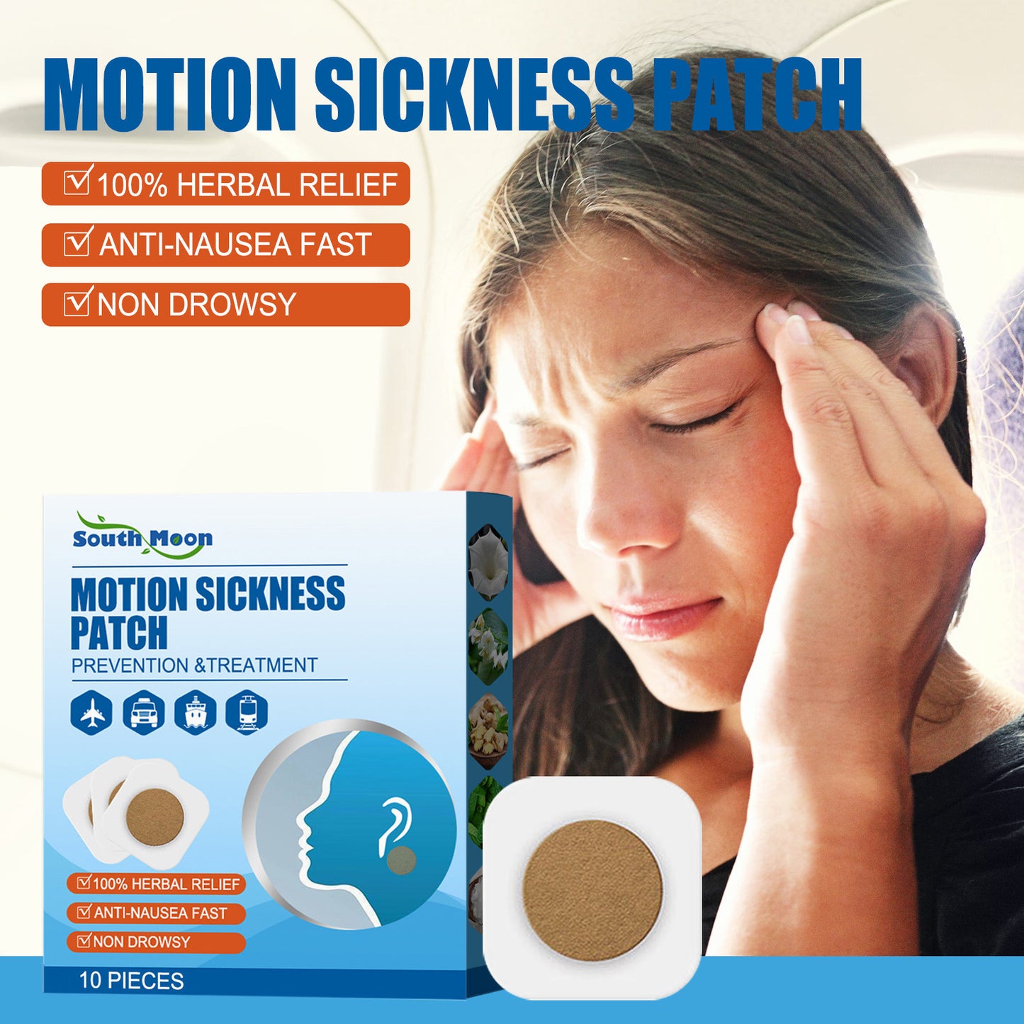 Motion Sickness Patch for Adults, Long-Lasting Relief from Nausea and Dizziness, Friendly Design for Traveling by Car, Ship and Plane