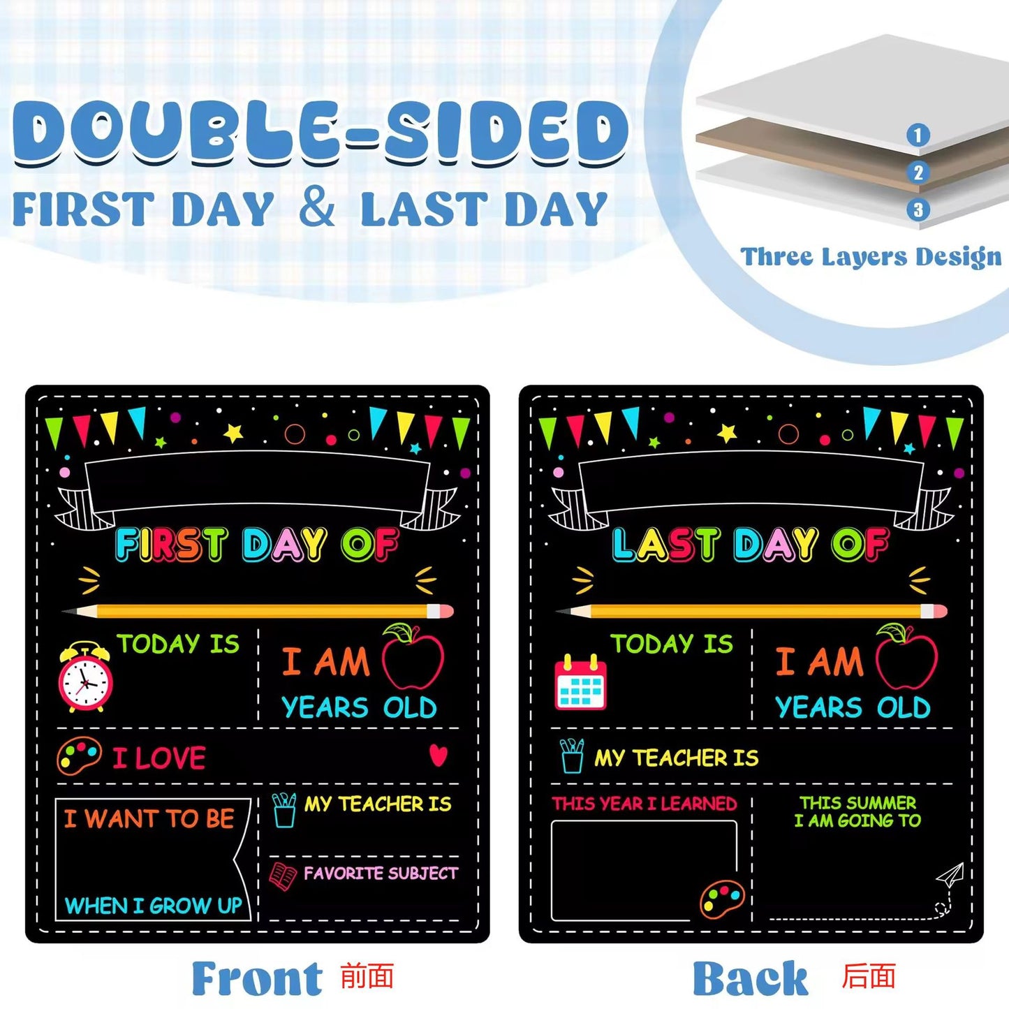 First Day of School Sign Board with Chalk Marker and Flag