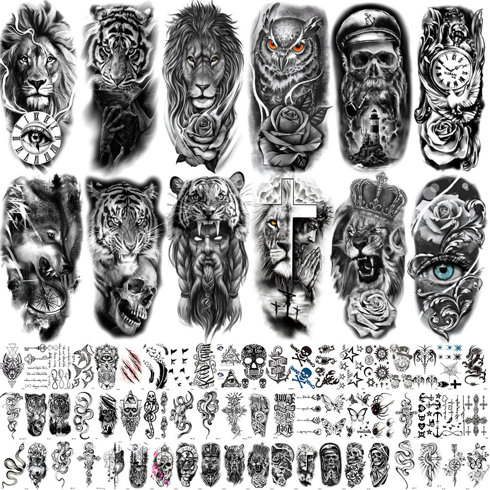 🖤 76 Sheets Large Black Temporary Tattoos – Tribal Wolves, Tigers, Lions, Snakes & Skulls