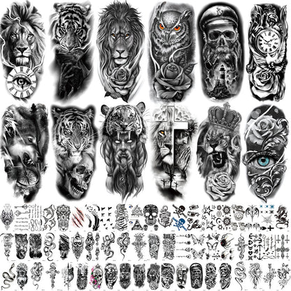 🖤 76 Sheets Large Black Temporary Tattoos – Tribal Wolves, Tigers, Lions, Snakes & Skulls