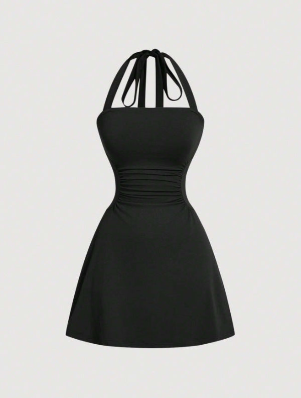 👗Women's Plain Ruched Tie Back Halter Neck Dress