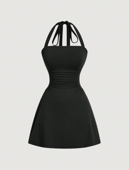 👗Women's Plain Ruched Tie Back Halter Neck Dress