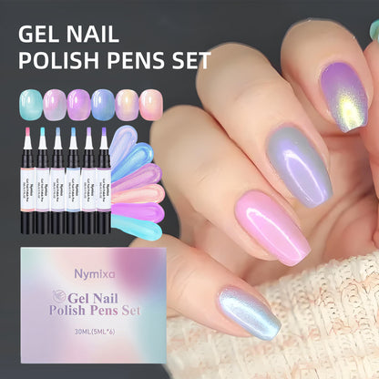 5-in-1 Gel Nail Polish Pen, Aurora Effect Gel Nail Pen with Base Color Top Coat in One, Easy Apply UV/LED Curing Nail Polish Pen