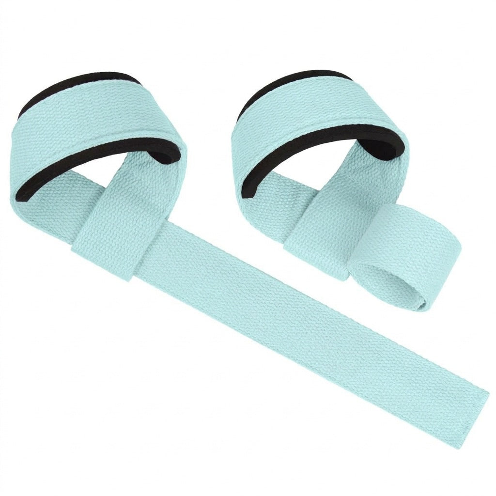 Blue self-curling lifting straps, one pair