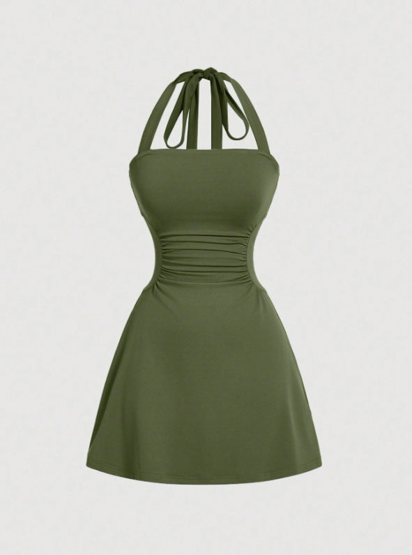 👗Women's Plain Ruched Tie Back Halter Neck Dress