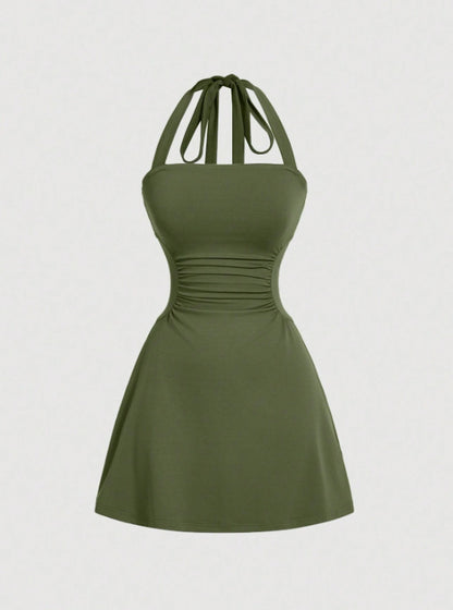 👗Women's Plain Ruched Tie Back Halter Neck Dress