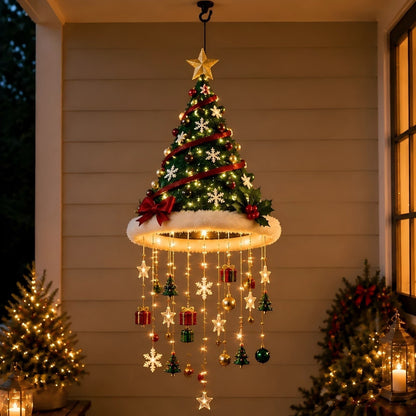 🎄 Lighted Christmas Hanging Chandelier – Tree & Santa Hat Holiday Décor