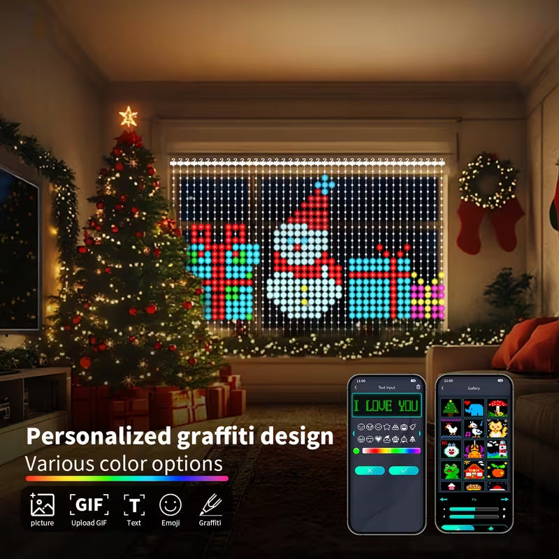 🎄 Smart RGB Pixel Curtain Lights – App-Controlled Animated Holiday Display for Balcony & Window Decor-2m*2m