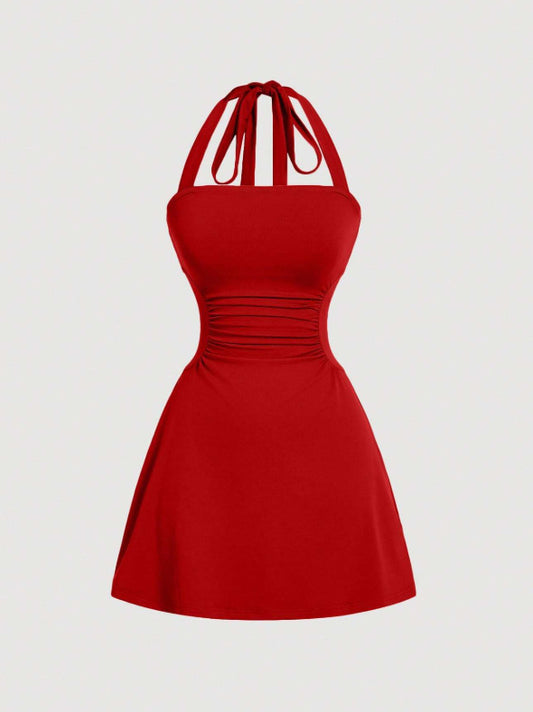 👗Women's Plain Ruched Tie Back Halter Neck Dress